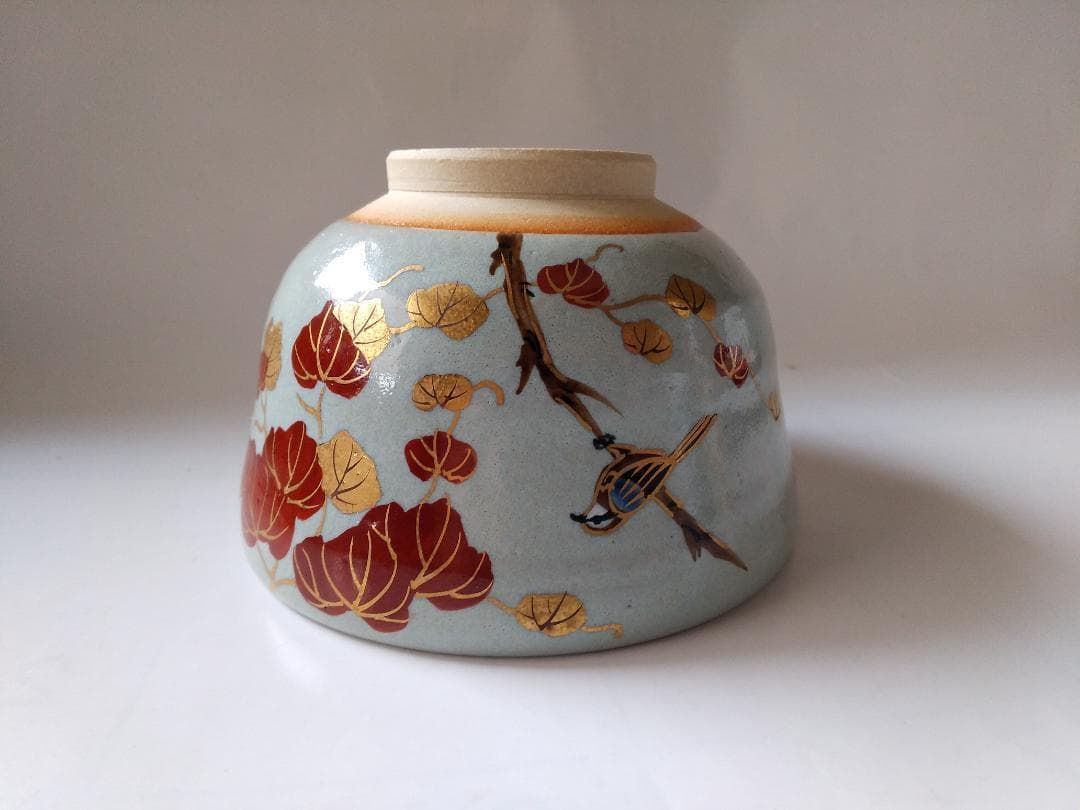 橋本紫雲 平安紫雲 色絵 失透釉 蔦ニ百舌文 茶碗 共箱 共布 茶道具 新品