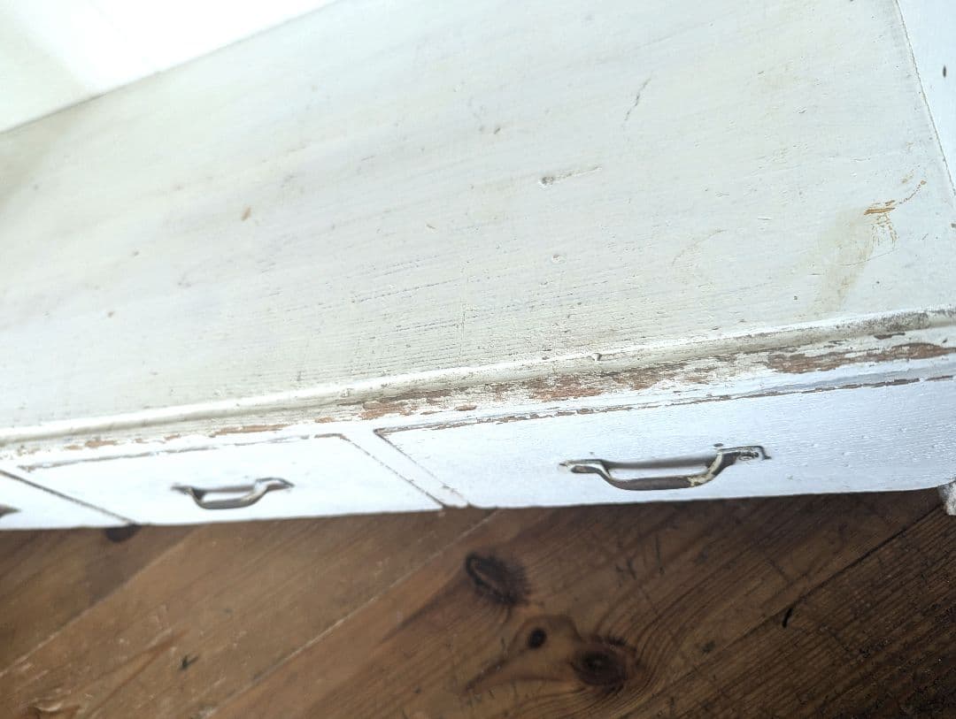 アンティーク　古道具　ホワイト木製3段シェルフ 引き出し付き