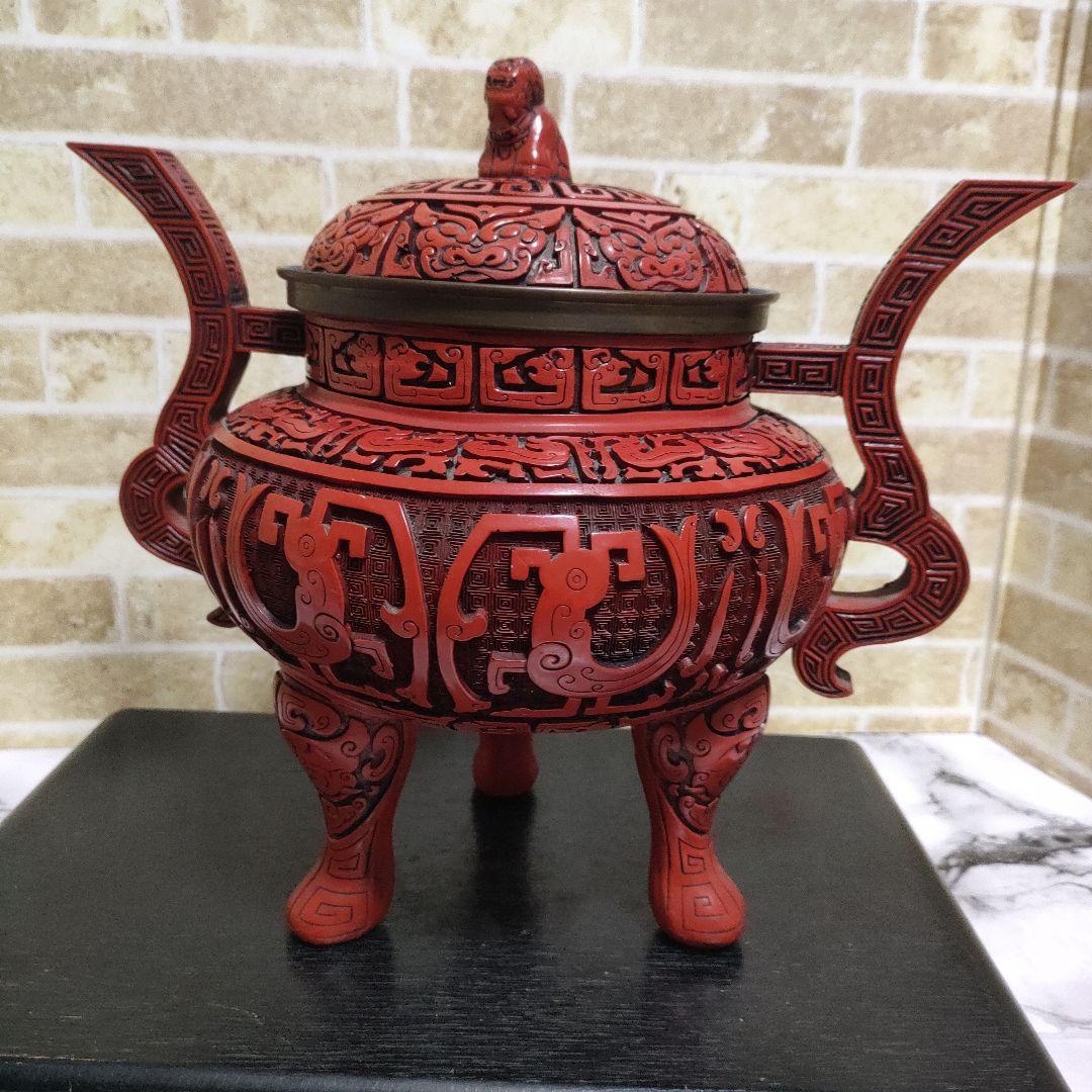 【希少】中国 堆朱 三足香炉 大香炉 香道具 獅子 細密彫刻 饕餮古獣紋32cm
