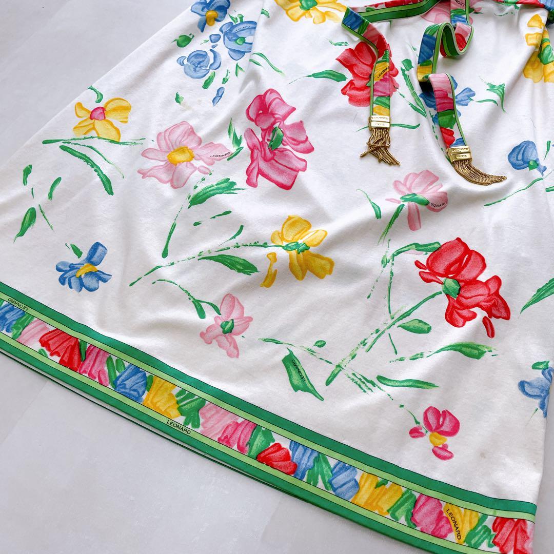 高級✨レオナール 花柄ワンピース トリム ベルト ゴールド金具 ロゴ刻印 L