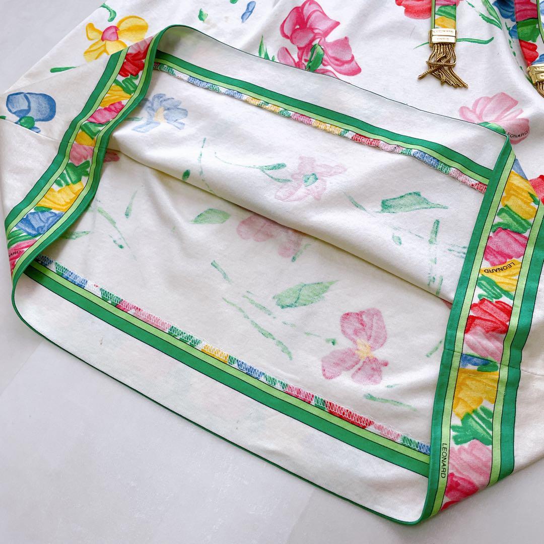 高級✨レオナール 花柄ワンピース トリム ベルト ゴールド金具 ロゴ刻印 L