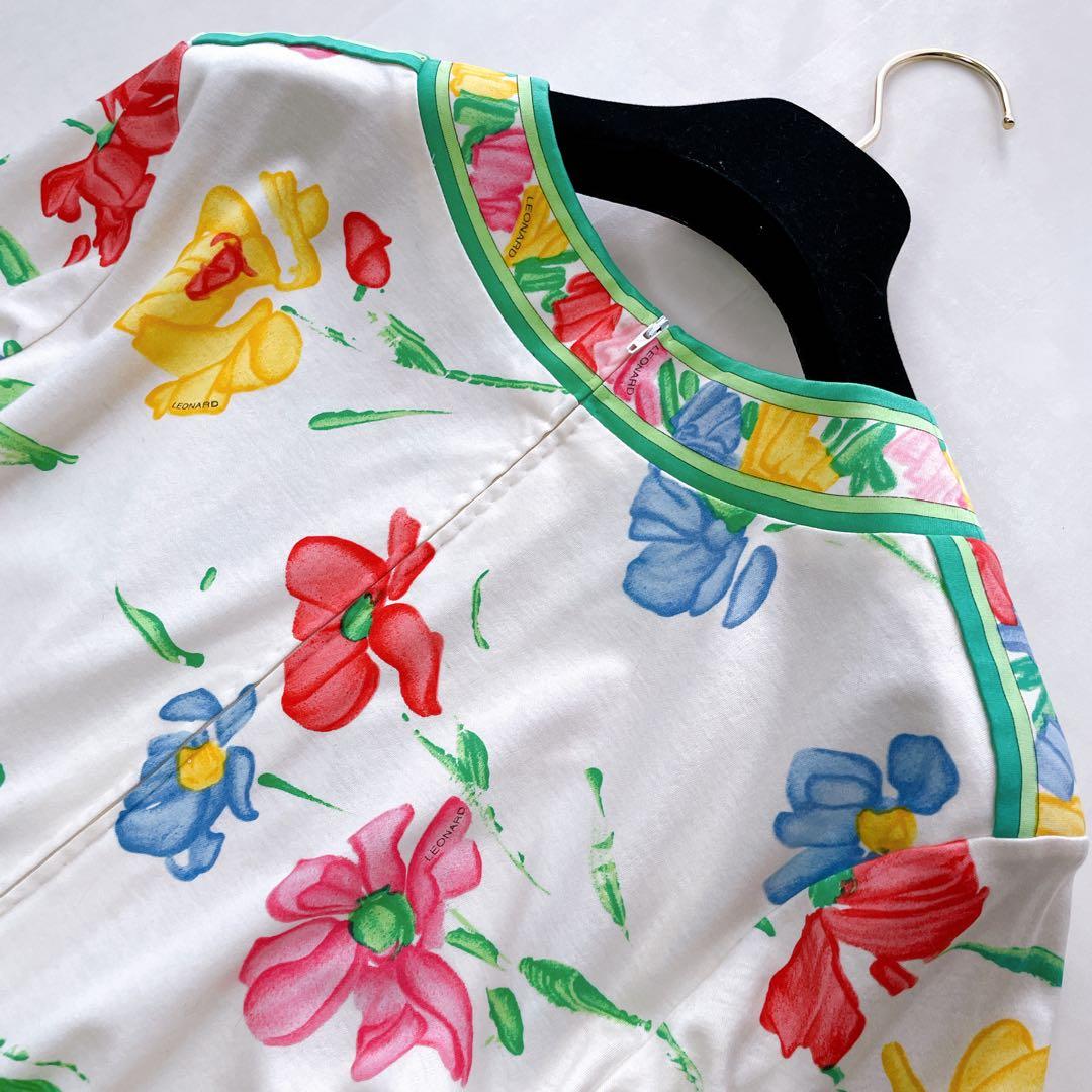 高級✨レオナール 花柄ワンピース トリム ベルト ゴールド金具 ロゴ刻印 L