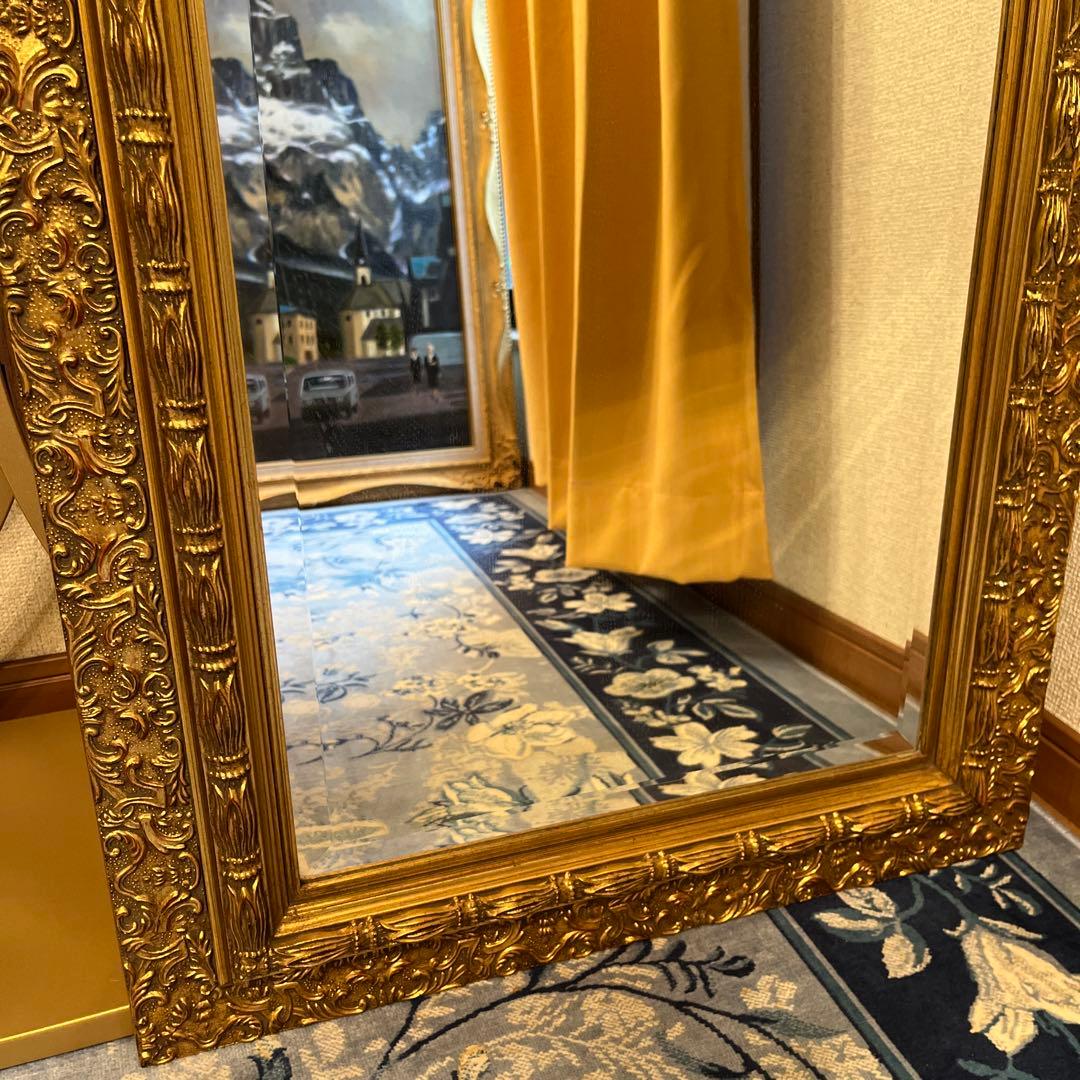 【るり】装飾的なゴールドフレームミラー 中型