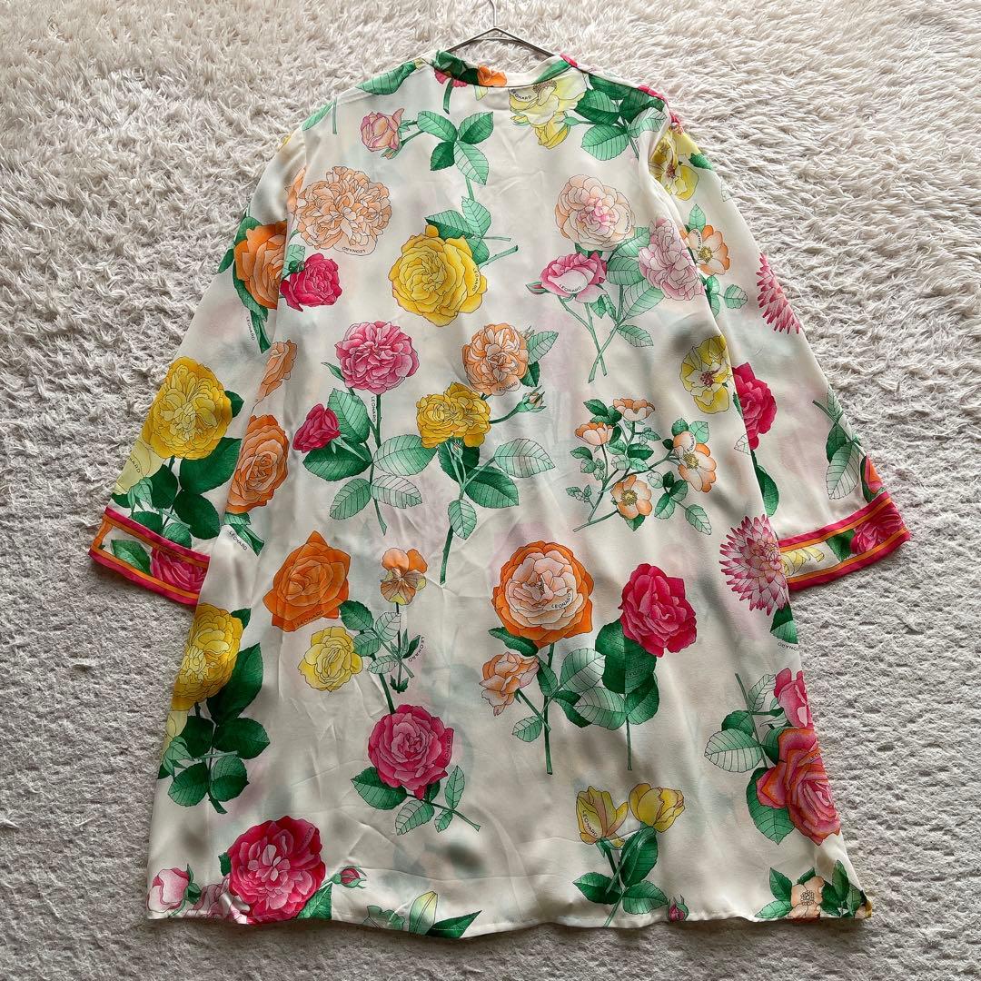 レオナール カーディガン はおり 総柄 花柄 トリム マルチカラー シルク M