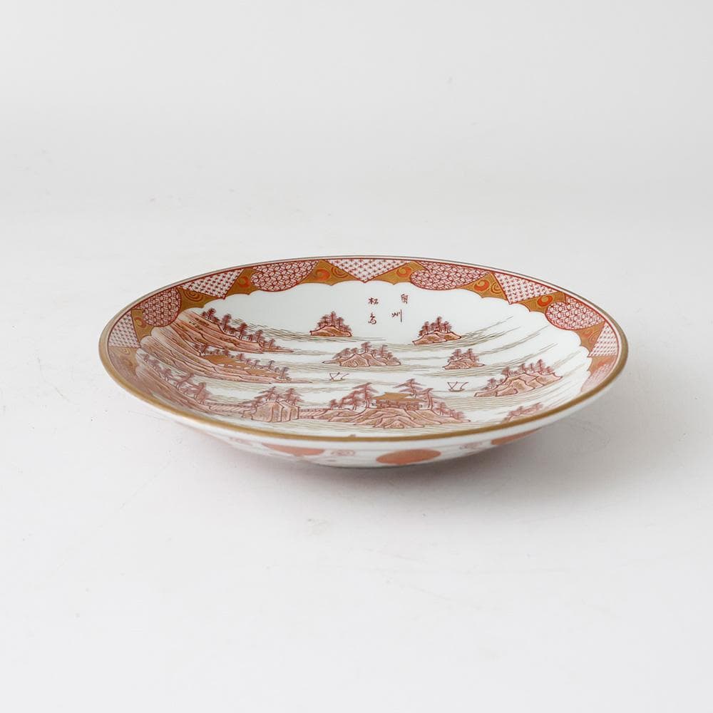 九谷焼 松鶴堂 金彩赤絵皿 五客 奥州松島図 五客 小紋画 木箱