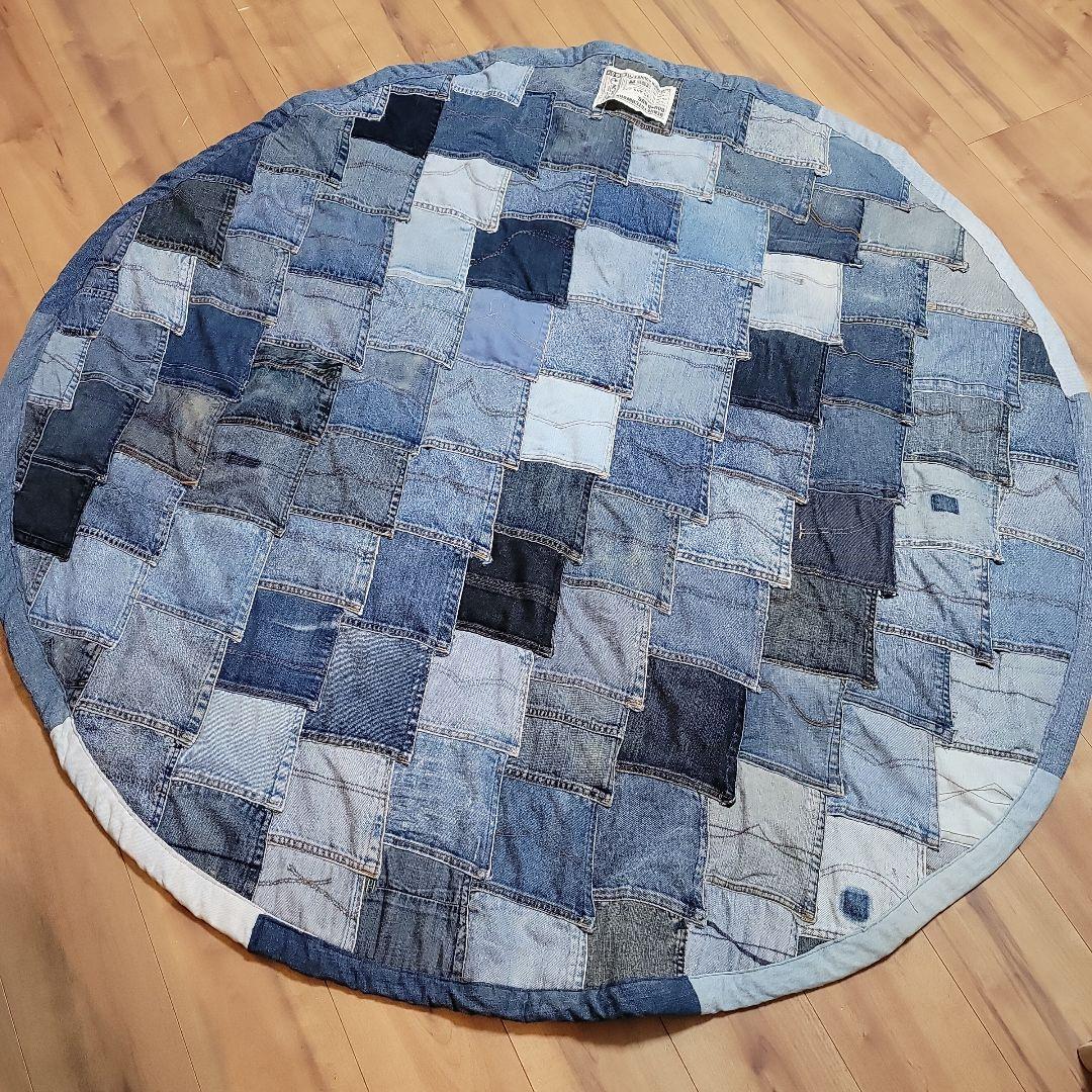 デニム　リメイク　パッチワーク　ラグ　円形　ラウンド