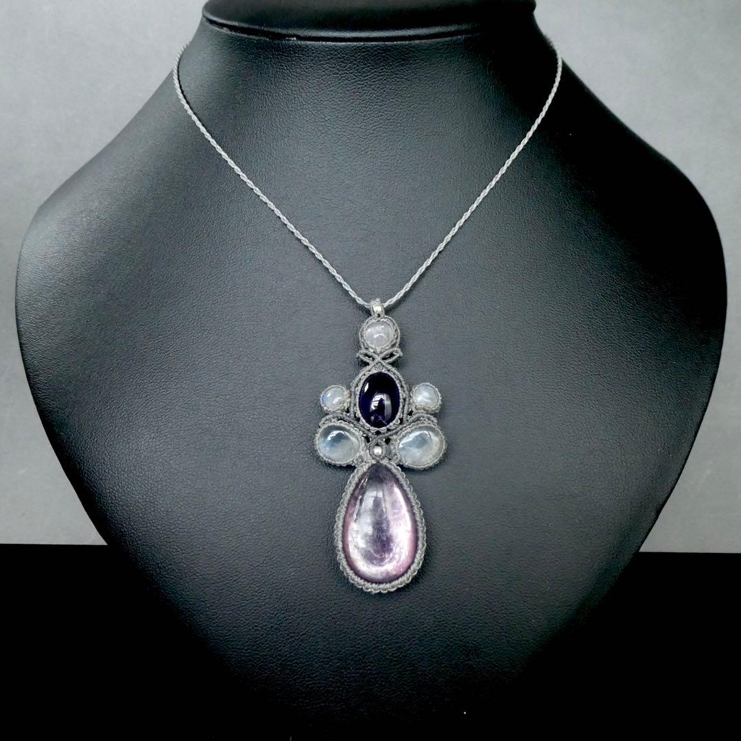 レピドライトと4種類の天然石のマクラメネックレス