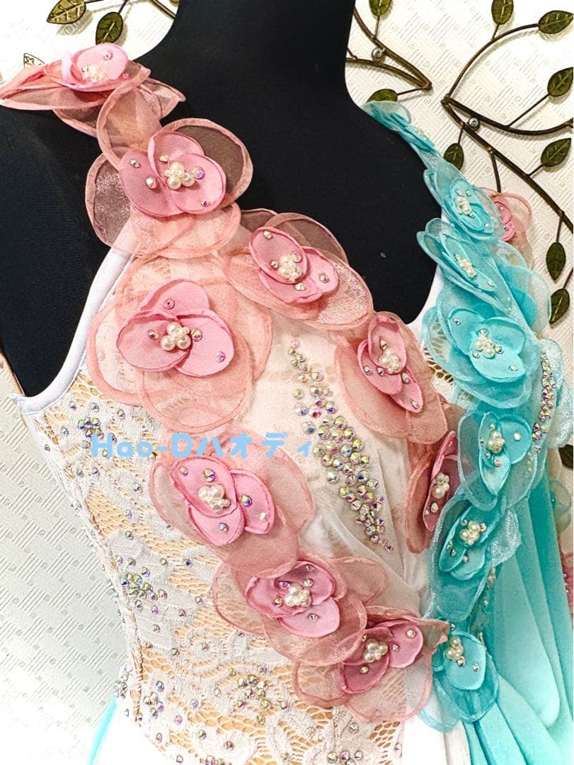 新品★ダンスドレス★スタンダード★社交ダンス★競技会★パーティー★花★バイカラー
