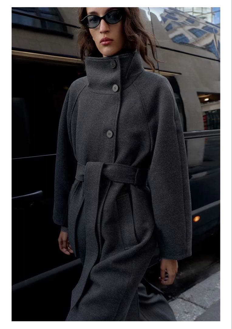 ZARA ソフトハイネックベルトコート　L