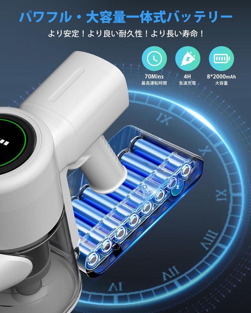 自走式　95Kpa超強力吸引　コードレス掃除機 軽量 サイクロン式　自立式