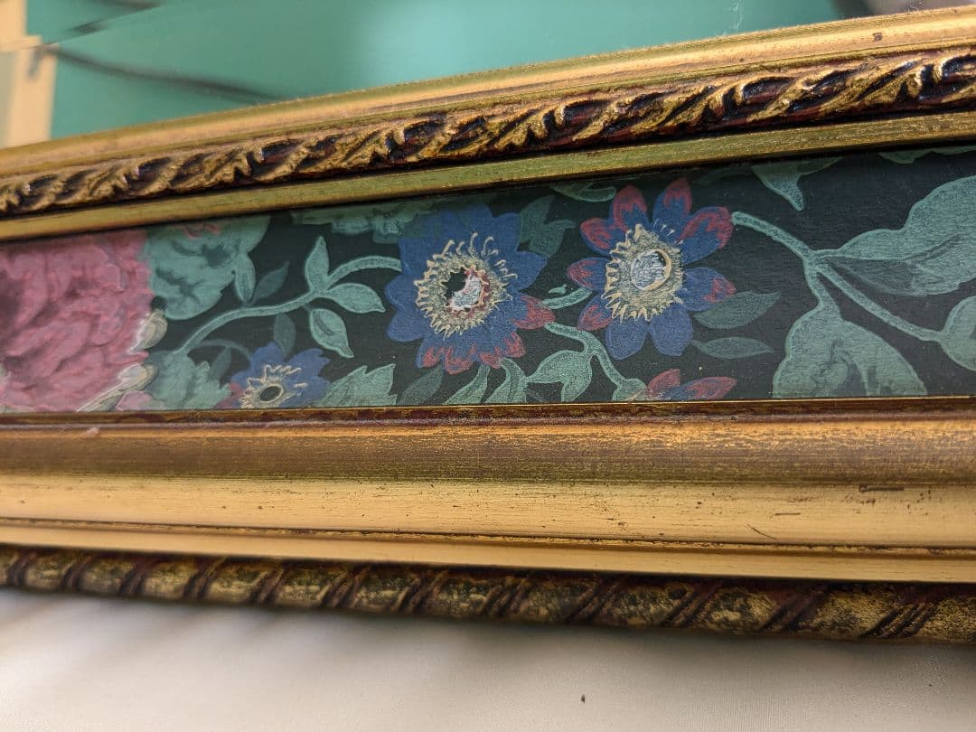 アンティーク 壁掛け 八角 ミラー 鏡 花柄 ヴィンテージ ゴールド