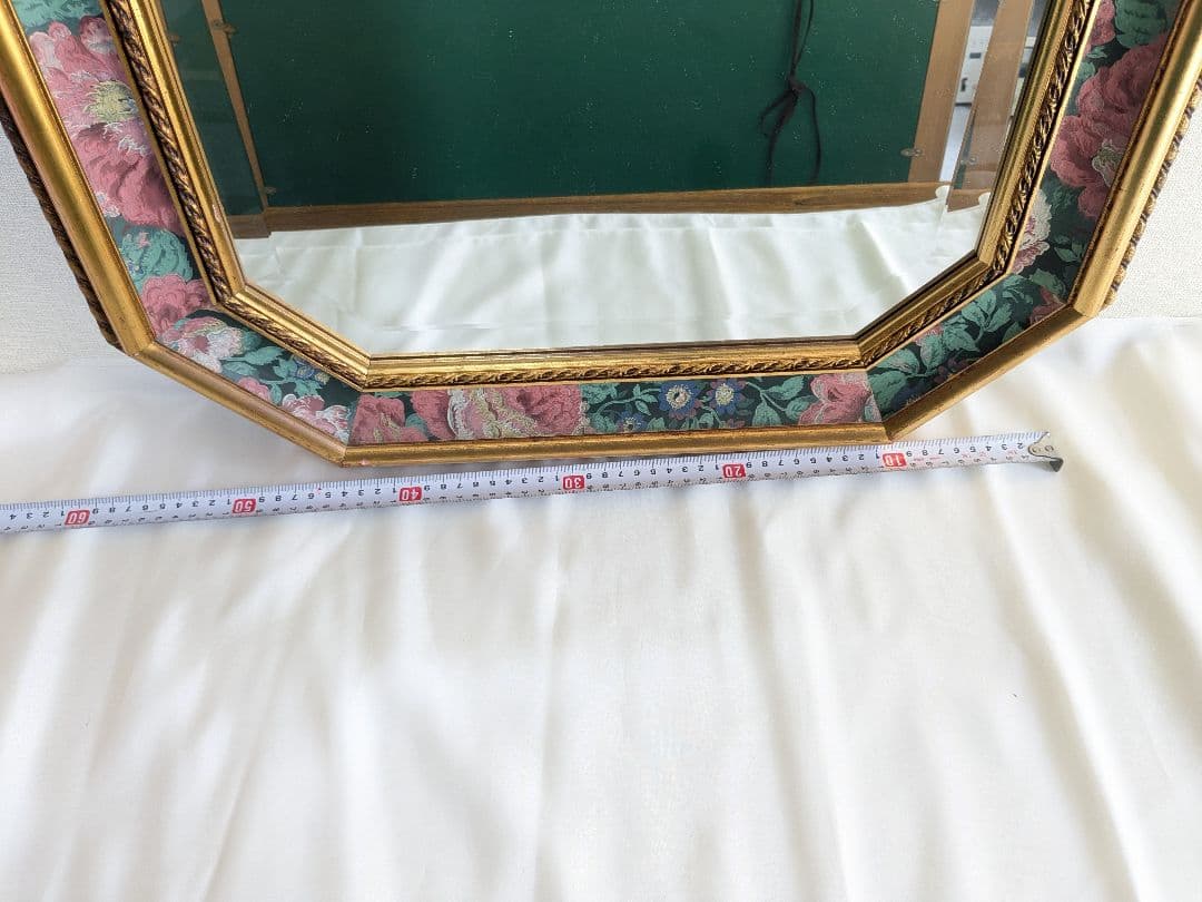 アンティーク 壁掛け 八角 ミラー 鏡 花柄 ヴィンテージ ゴールド