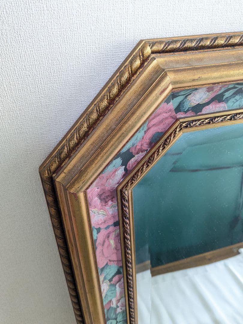 アンティーク 壁掛け 八角 ミラー 鏡 花柄 ヴィンテージ ゴールド