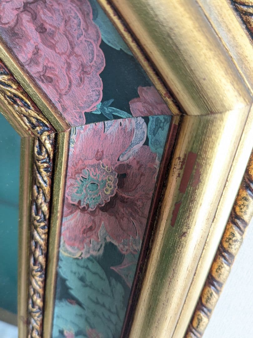 アンティーク 壁掛け 八角 ミラー 鏡 花柄 ヴィンテージ ゴールド