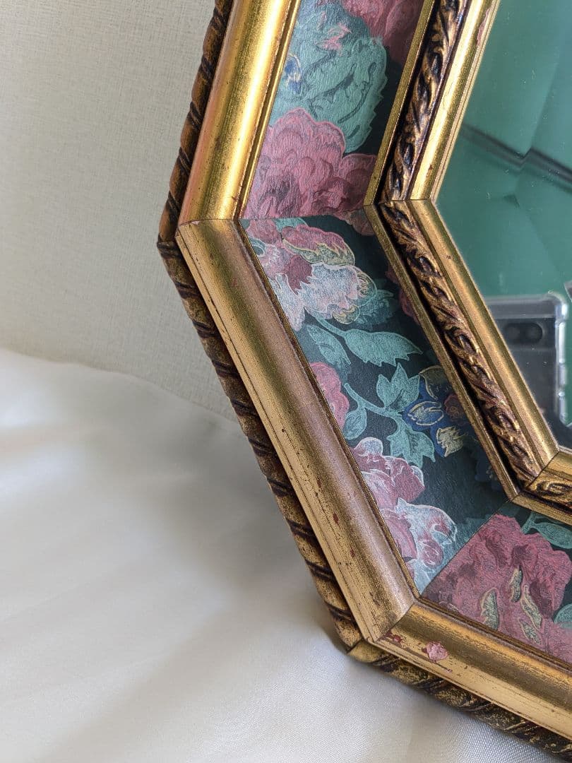 アンティーク 壁掛け 八角 ミラー 鏡 花柄 ヴィンテージ ゴールド