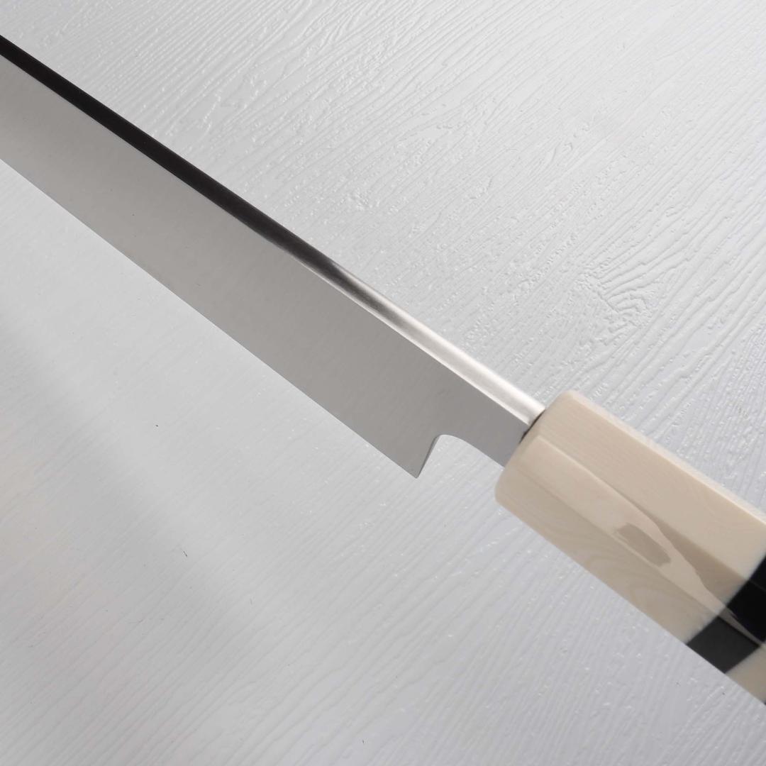 5550 柳刃包丁 尺寸 ウルトラ鏡面仕上げ 刺身包丁 人工象牙黒三本巻八角柄