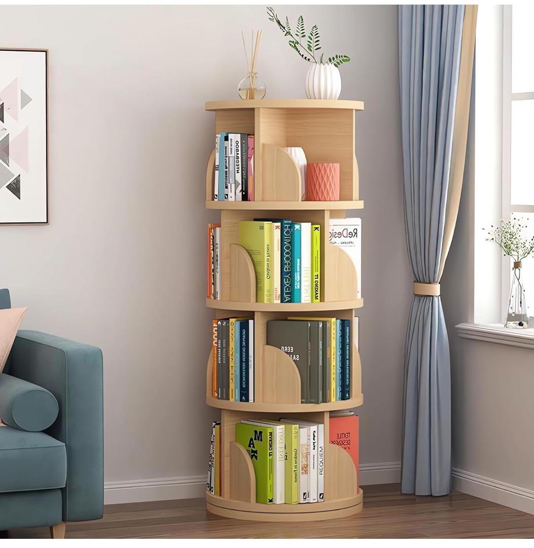 木目調 4段 本棚 回転式本棚 大容量 直径46CM A4 紙が入る高さ 絵本