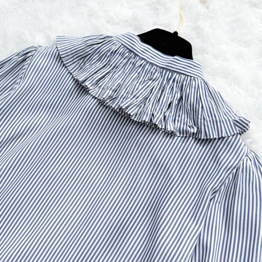 CELINE エディ期 ボウタイ付フリルカラーブラウス シルク ストライプ 34