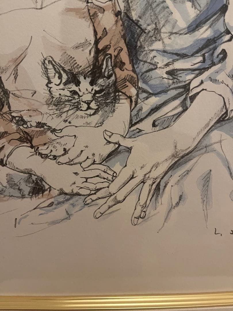 藤田嗣治　レオナール・フジタ　母子像　女性と子供　猫を抱く母子像　額装