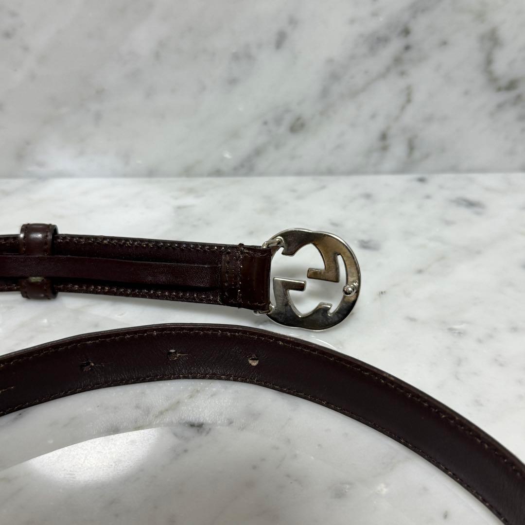 GUCCI グッチ ベルト 細ベルト 本革 レザー ブラウン GG 銀 シルバー