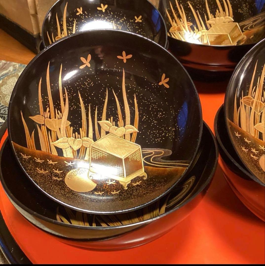 A1060 木製輪島塗　衝羽根に流水菖蒲　吸物椀　蒔絵　2客さくら❣️