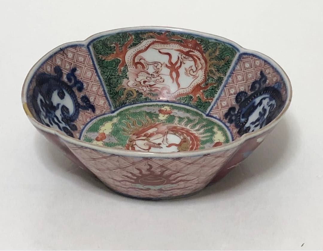 継続出品 江戸時代 有田焼 献上 古伊万里 色絵 団鳳凰雲龍文 木瓜型小鉢