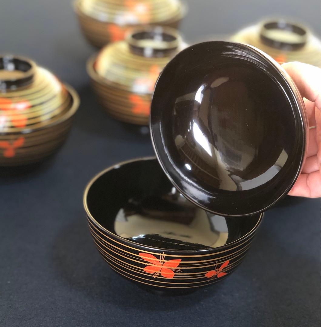 《R》懐石 黒塗 金線模様 吸物椀6客 克己作 木製漆器 共箱 260128く2