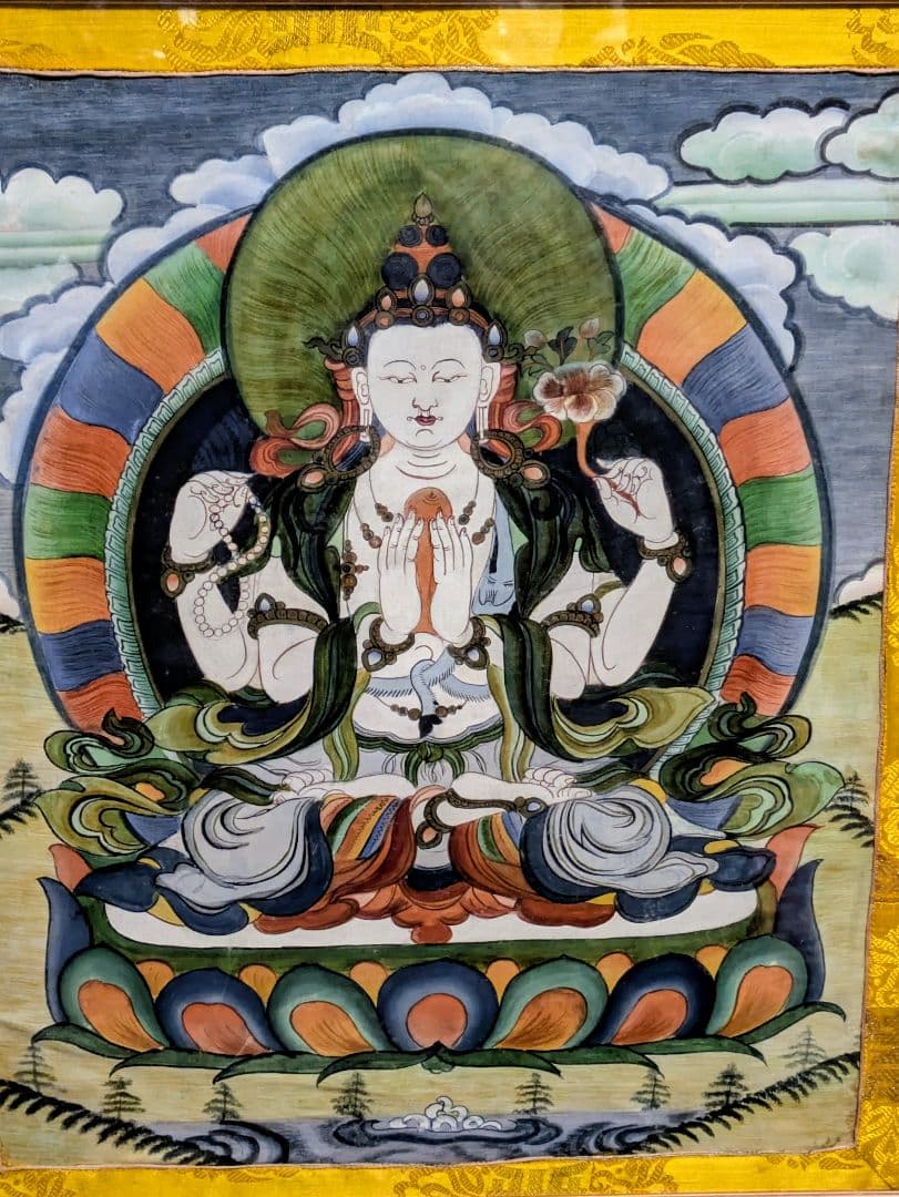 おうまい！四臂観音菩薩 タンカ 手描き シルク仕立 額装 チベット　曼荼羅