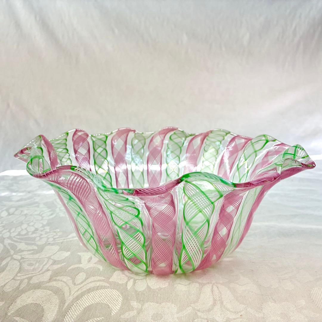 【希少】ベネチア　ムラーノ　バラリン工房　レースガラス　ボウル　ピンク　グリーン