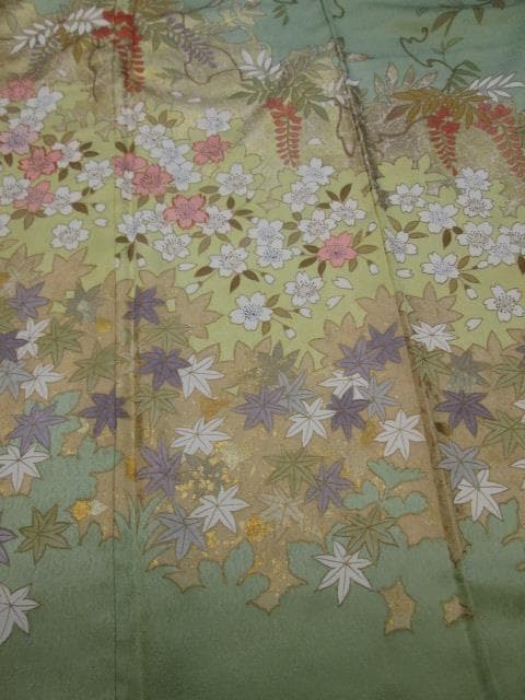 藤井寛 若草色豪華総柄桜紅葉藤 訪問着 比翼付き