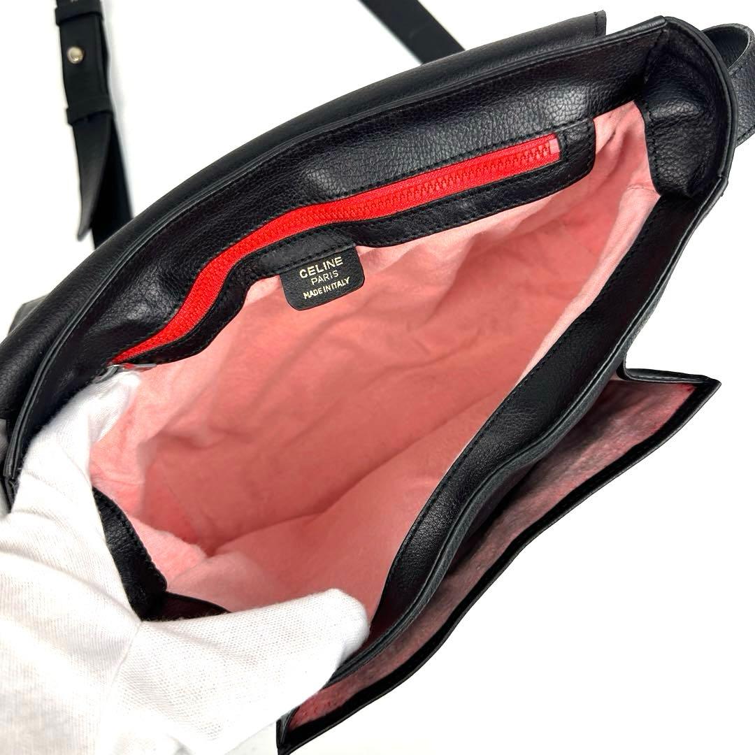 美品■セリーヌ ガンチーニ ショルダーバッグ サークルロゴ レザー ブラック系