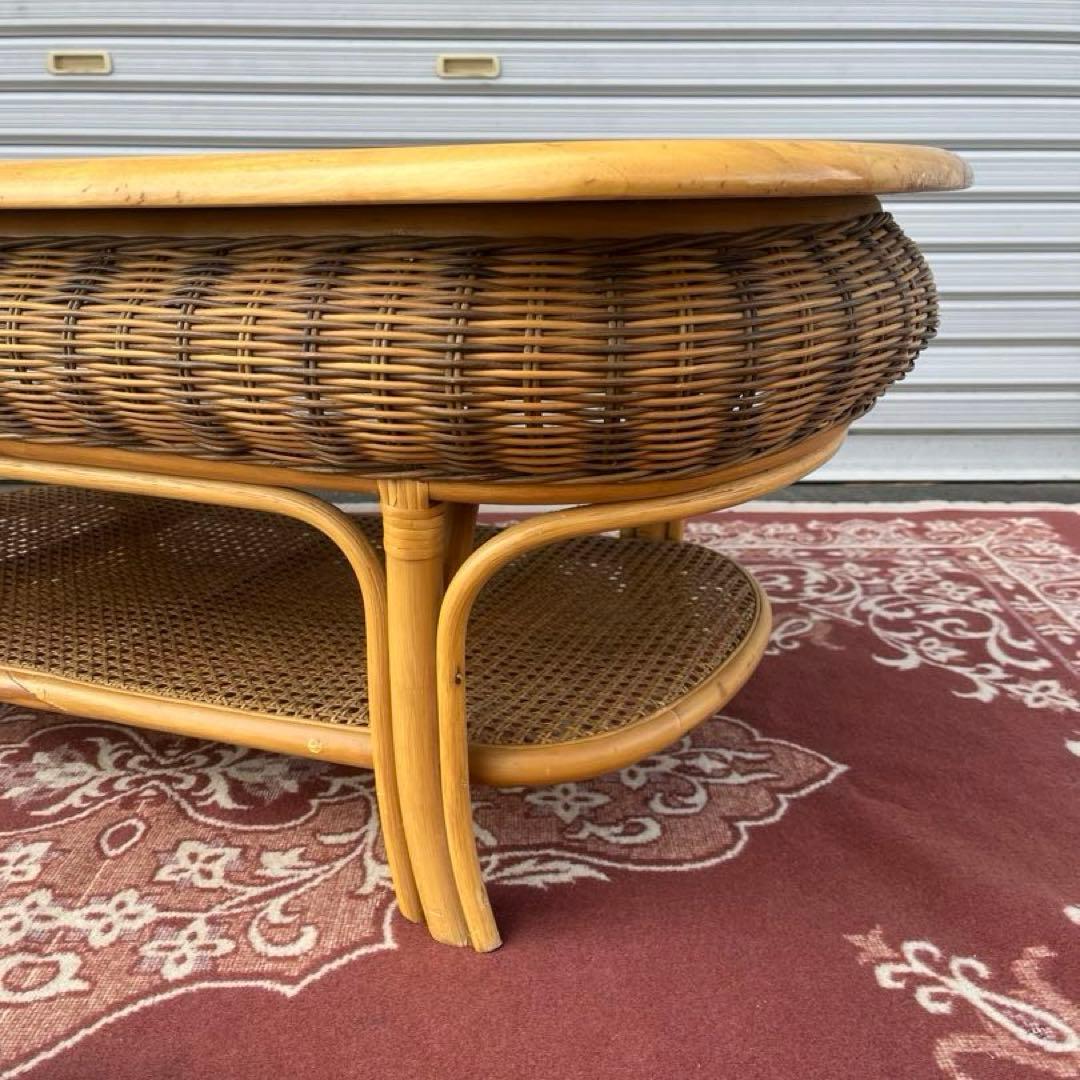 古家具ビンテージ品◼︎籐ラタン×木製天板 センターテーブル ローテーブル