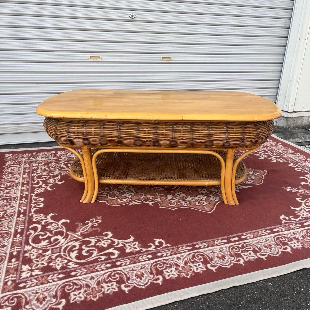 古家具ビンテージ品◼︎籐ラタン×木製天板 センターテーブル ローテーブル