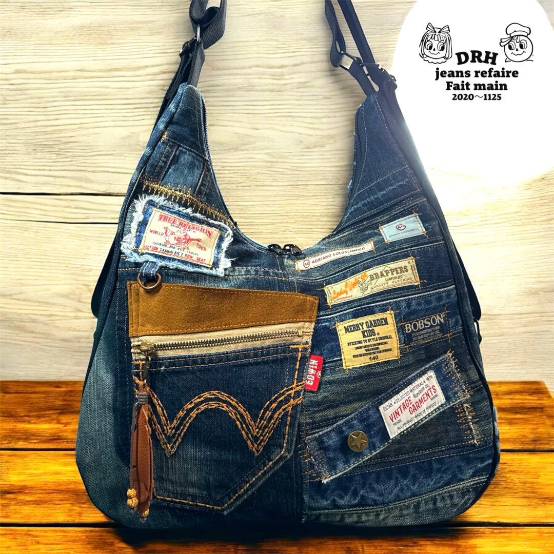 runranです〰️デニムリメイクバッグ 多機能性 Lサイズ