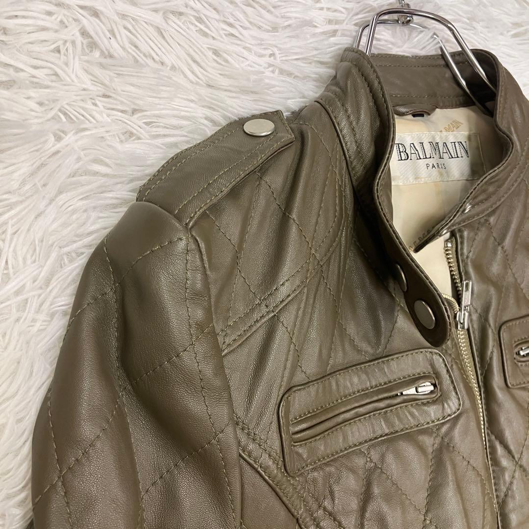 短丈 BALMAIN バルマン キルティング レザー ライダースジャケット 羊革
