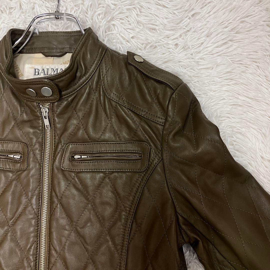 短丈 BALMAIN バルマン キルティング レザー ライダースジャケット 羊革