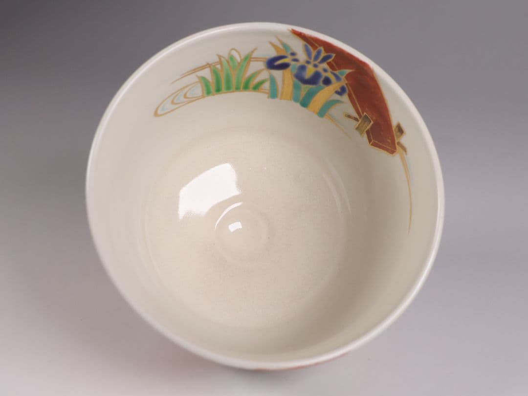 茶道具 平安桐鳳(手塚桐鳳) 仁清八ツ橋 抹茶碗 共箱 京焼 杜若【MB73】