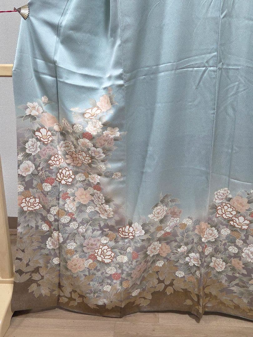 C◆着物くつろぎ 京友禅 金彩 金駒刺繍 水色 椿 牡丹 袷 正絹 訪問着 着物