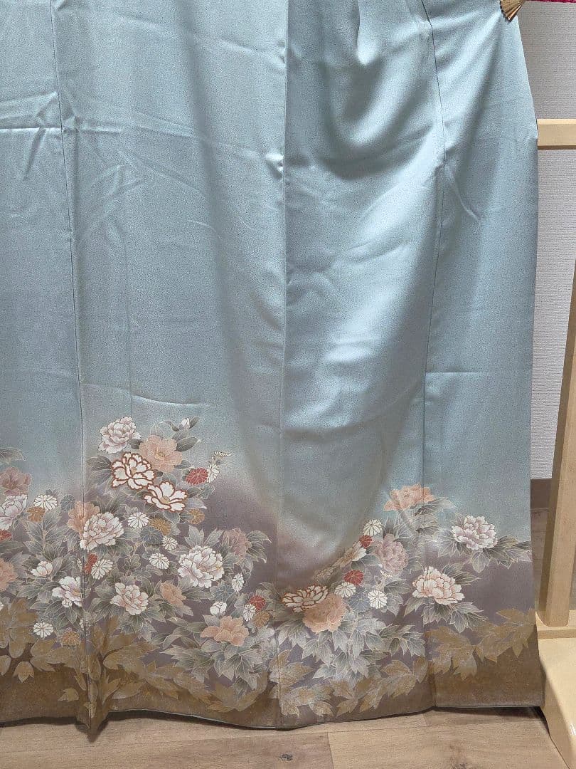 C◆着物くつろぎ 京友禅 金彩 金駒刺繍 水色 椿 牡丹 袷 正絹 訪問着 着物