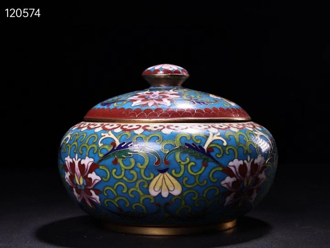 中国古美術・珍蔵・ 銅胎掐糸エナメル彩 景泰藍鎏金蓋罐・箱付き・文房具
