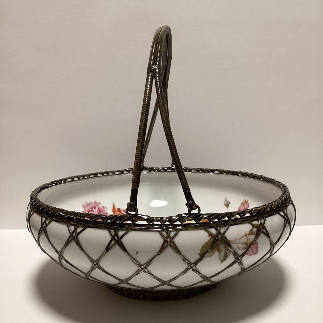 オ－ルドノリタケ　弦付き果物籠　裏印やじろべえ　銀金具