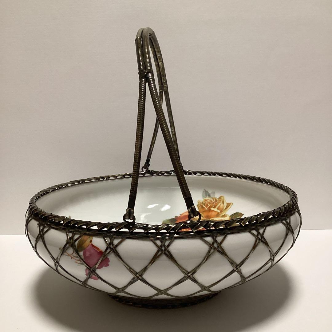 オ－ルドノリタケ　弦付き果物籠　裏印やじろべえ　銀金具