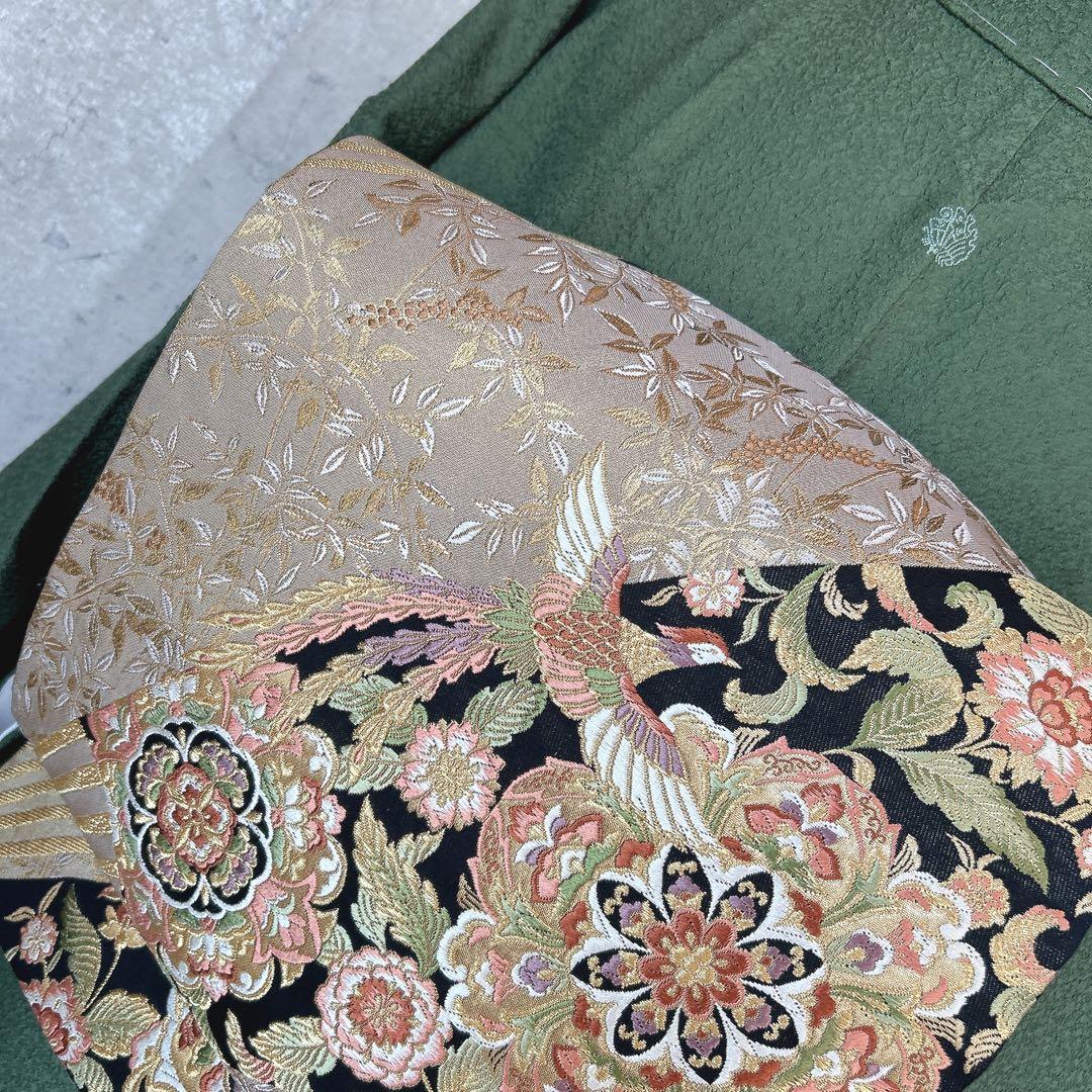 色無地　フルセット　着物　正絹　濃い緑　未使用　p5