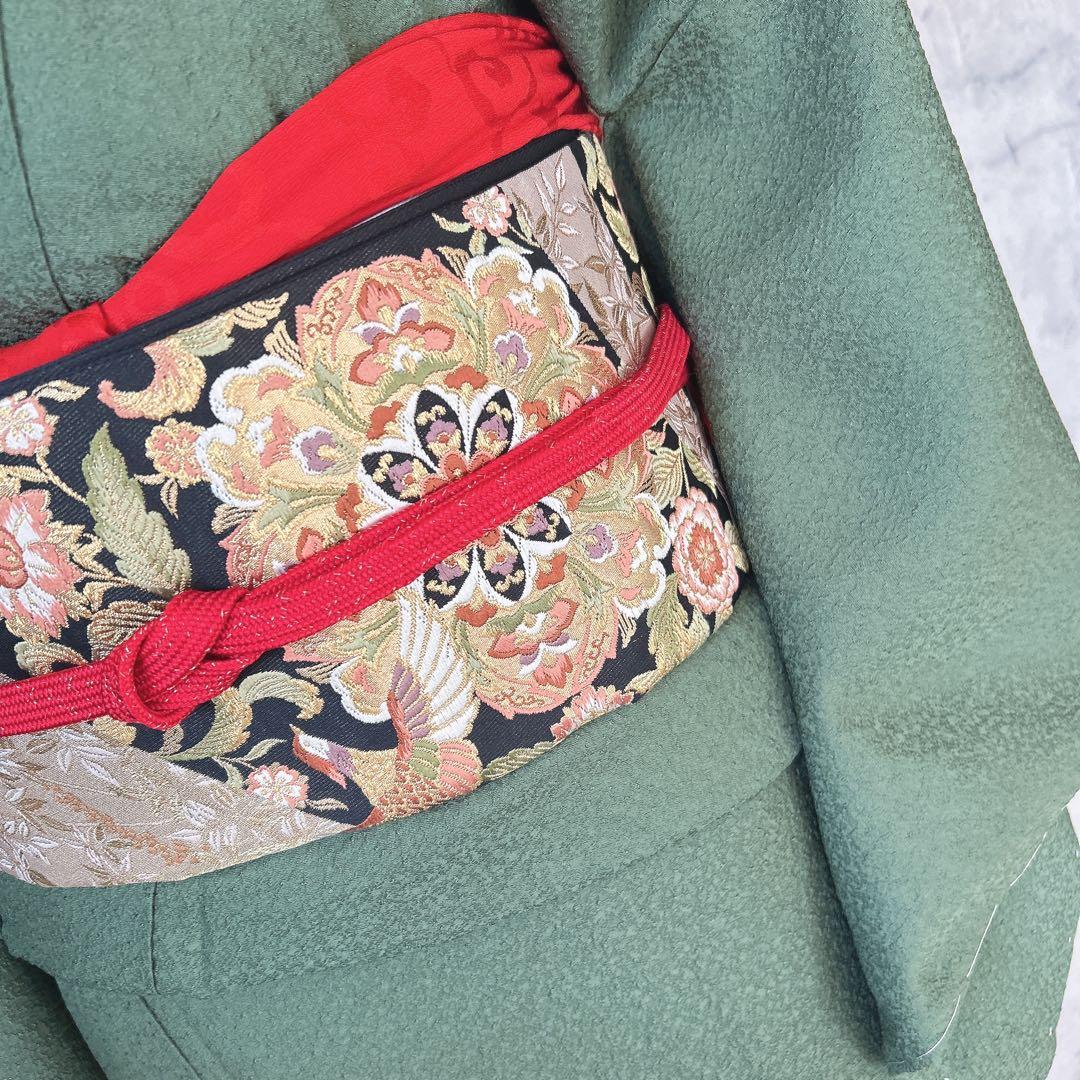 色無地　フルセット　着物　正絹　濃い緑　未使用　p5