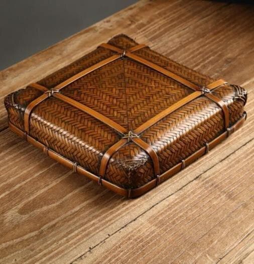 竹製編み込み収納ボックス 竹製 茶器 收納 茶盒 大容量 手作り 内布付き