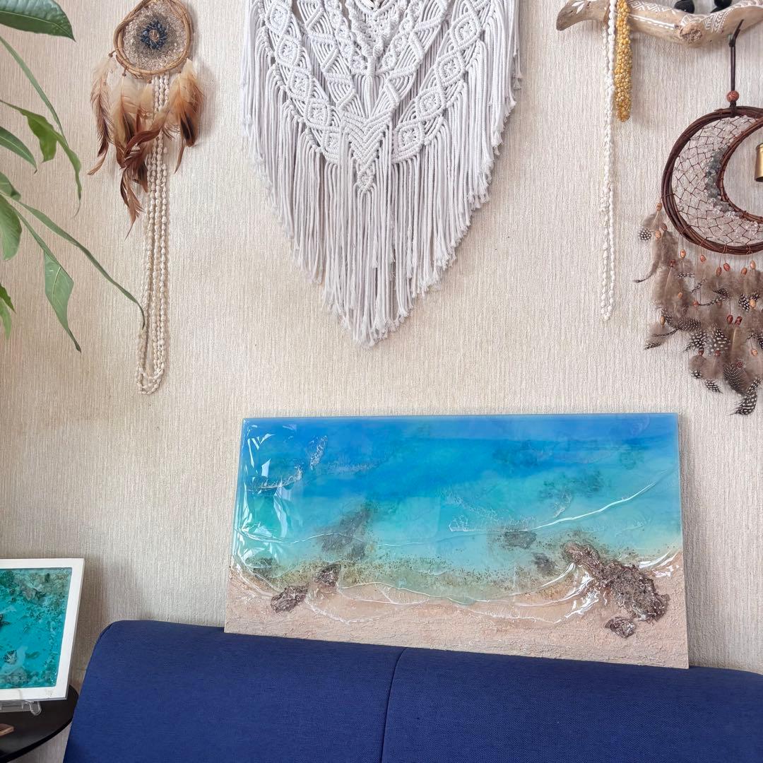 『沖縄の海を感じる』オーシャンレジンアート／立体アート／杉板30×60cm