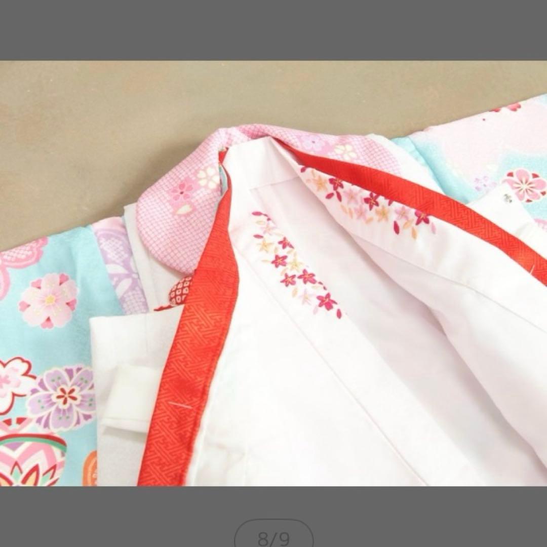 七五三　水色着物 桜模様　鞠ピンク