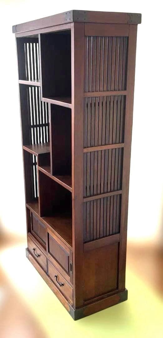 和風 アジアン 飾り棚 茶箪笥 アンティーク 古道具 キャビネット 格子デザイン