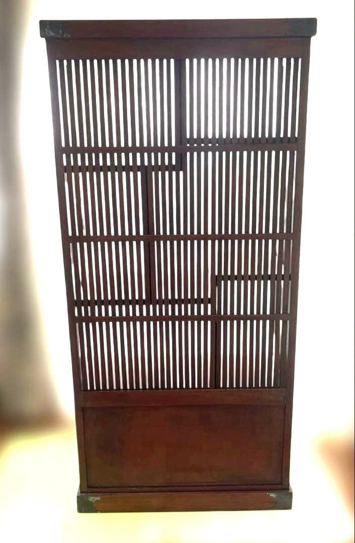 和風 アジアン 飾り棚 茶箪笥 アンティーク 古道具 キャビネット 格子デザイン