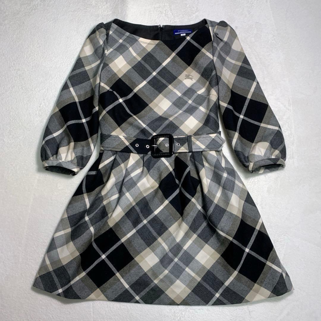 バーバリー　フレアワンピース　Ｓ　黒ノバチェック　毛　ウエストベルト　ホースロゴ